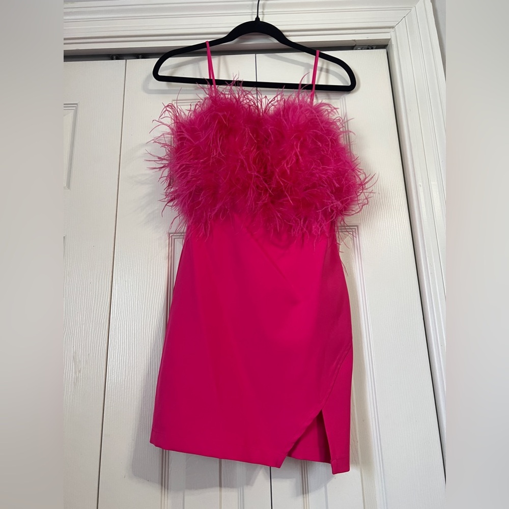 Main Strip Hot Pink Feather-Trim Mini Dress